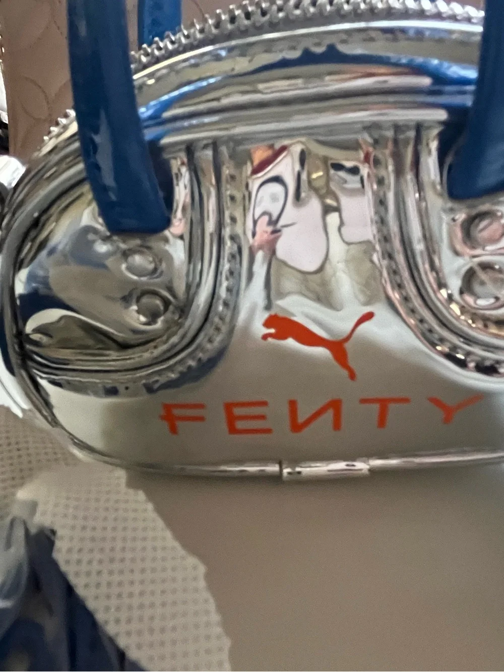 PUMA FENTY Metallic Silver Mini Bag with Blue Strap